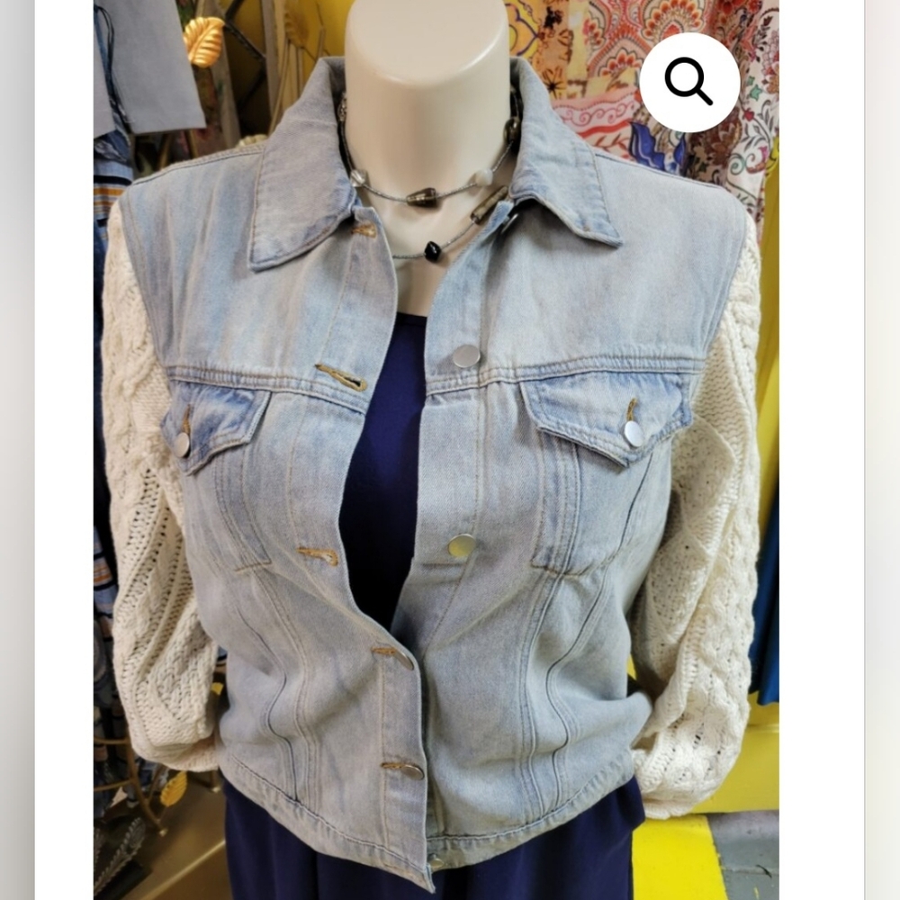 POL Large Trendy Sweater Sleeve Denim Jacket